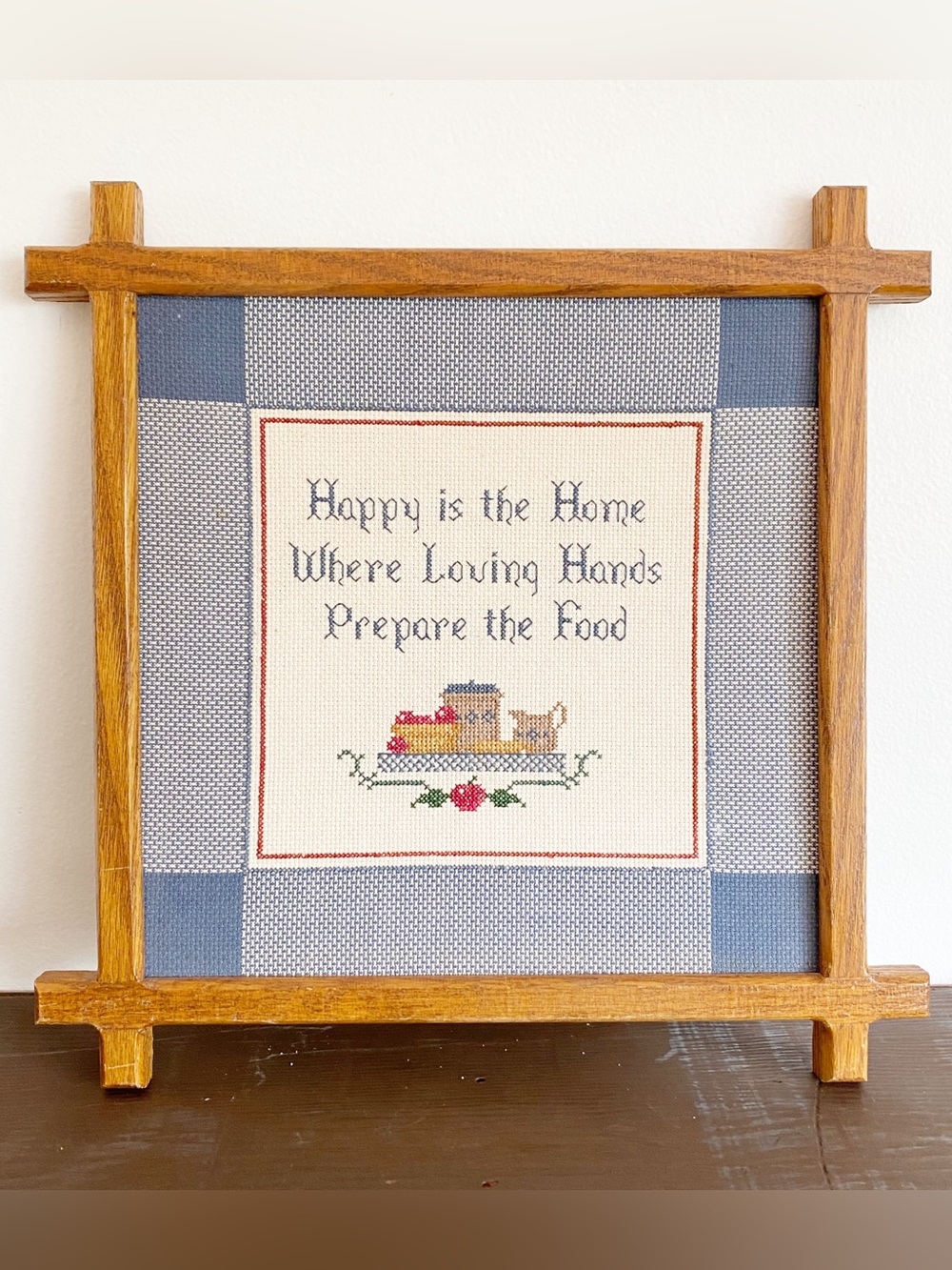 Vintage Framed CrossStitch Happy Is The Home Farmhouse Kitchen Adirondack Apples